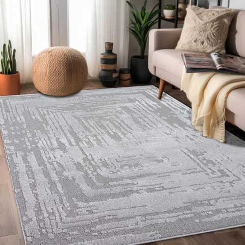 payé Teppich Läufer Kurzflor Grau 80x150cm Flur Wohnzimmer Geo-Muster, Meliert mit Hoch-Tief-Effekt, 3D Effekt, Weich