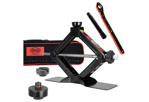 HEYNER Wagenheber-Set 1,5t Black Edition mit Tesla-Gummiauflage - Hochwertiger Scherenwagenheber mit 1,5t Tragkraft und drehbarer Gummiauflage für optimale Fahrzeugpflege. Ideal für Kleinwagen bis Oberklasse, TÜV-geprüft und robust für den professionellen Einsatz.