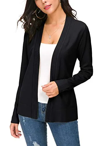 EXCHIC Damen Elegant Langarm Elastisch Strickjacke Cardigan Casual Leicht V-Ausschnitt Gestrickt Blazer (XL, Schwarz)