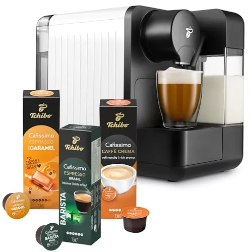 Tchibo Cafissimo „milk“ Kaffeemaschine - 1-Tassen-Kaffeemaschine mit Milchaufschäumer, inklusive 30 Kapseln für vielfältige Kaffeespezialitäten und einfache Reinigung für perfekten Genuss.