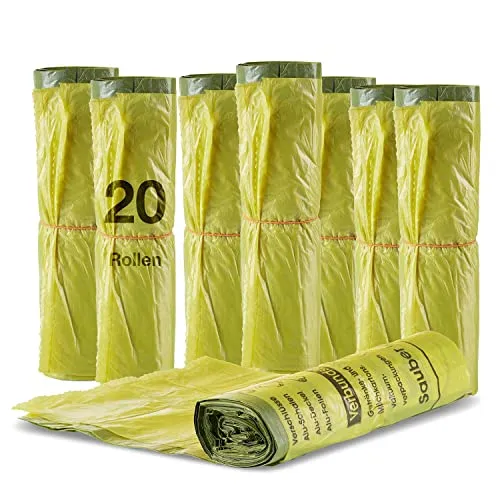 BigDean 20 Rollen Gelber Sack - 90 Liter HDPE - 20 Rollen gelbe Müllsäcke mit Zugband, ideal für Kunststoffabfälle. Mit Abrissperforation für einfaches Lösen und praktischen Motiven zur richtigen Entsorgung.