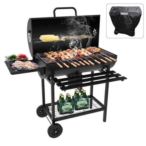 TEENO Grill Grillwagen BBQ Smoker Holzkohlegrill mit Deckel,Brathähnchen-Gestell,Rädern,Edelstahl-Griff,Grillrost und Thermometer,Inklusive wasser-und staubdichter Stoffabdeckung,Kohlegrillwagen