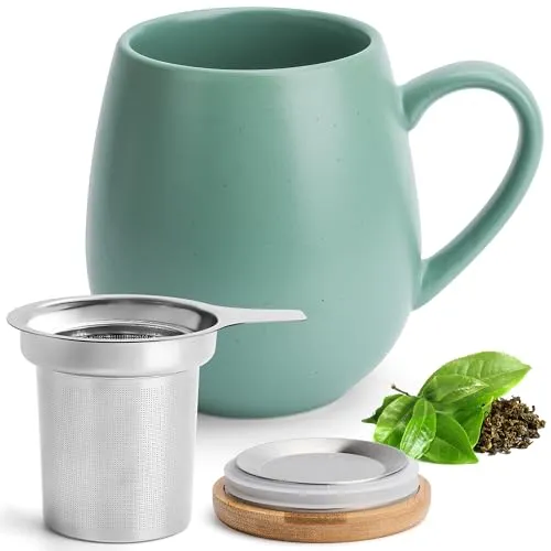 Happy Lemuro Teetasse mit Deckel und Sieb - 550 ml Teebecher mit Sieb - Keramik Teetasse Groß - XXL Teetassen - Tee Tasse mit Deckel - Tee Zubehör - Große Tasse mit Teesieb - Jumbotasse in Türkis