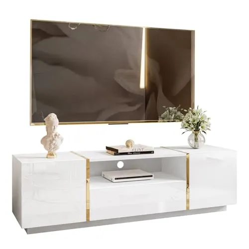 lukmebel RTV Schrank Onyx Hochglanz Elegantes & Modernes Design Versteckte Ablagen Leicht Zu Reinigen Abrieb- Und Kratzfest Laminierte Platte 158x413x46 cm Weiß