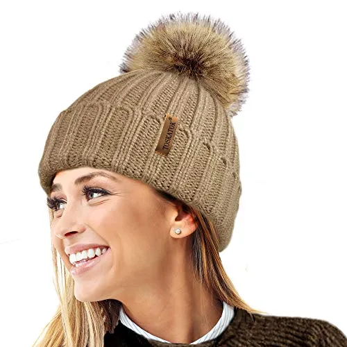 TOSKATOK® Womens Winter-Rib Strickmütze/Beanie mit abnehmbaren Chunky Faux Fur Bobble Pom Pom-Camel