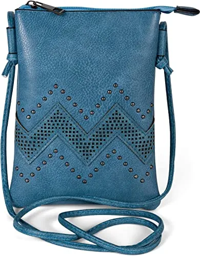 styleBREAKER Damen Mini Bag Umhängetasche mit Zick-Zack Cutout und Nieten, Schultertasche, Handtasche, Tasche 02012211, Farbe:Blau