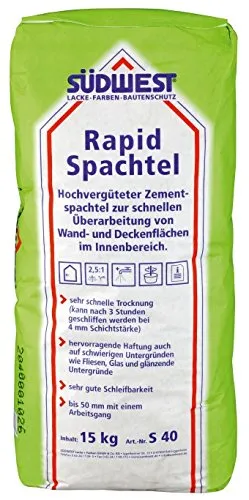 Rapid Spachtel, Universalspachtel von Südwest, 15 KG - Eisenwaren Spachtelmasse, ideal für das Füllen und Verspachteln von Fugen und Rissen mit einer maximalen Schichtdicke von 50 mm, perfekt für Renovierungsprojekte in Feuchträumen.