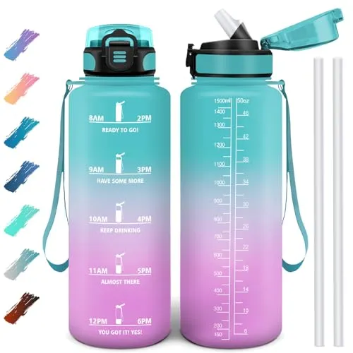 Motswedi Trinkflasche 1500 ml, Auslaufsicher, Wasserflasche BPA-Frei, Motivierende mit Zeitmarkierung, Trinkflasche mit Strohhalm Hellviolett & Blassrosa
