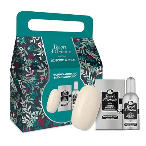 Tesori d'Oriente Geschenk-Set, aromatischer Duft 100 ml und feste Seife 125 ml, Duft weißer Moschus, Geschenkbox