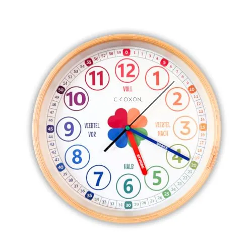 CLOXON Wanduhr für Kinder Montessori inspirierte Lernuhr analoge Kinderuhr zum Lernen der Uhrzeit cleveres Design für leichte Ablesbarkeit ohne Tick Geräusche (Echtholzrahmen)