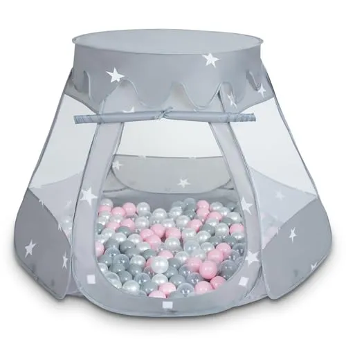 Selonis Baby Spielzelt Mit Plastikbällen Zelt 105X90cm/100 Bälle Plastikkugel Kinder, Grau:Perle-Grau-Transparent-Puderrosa