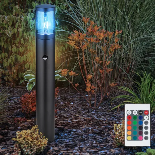 Wegeleuchte mit Bewegungsmelder – Edelstahl Stehlampe mit RGB LED - Moderne Gartenlampe aus schwarz mattem Edelstahl mit IP44 Schutz, ausgestattet mit Bewegungsmelder und Fernbedienung für stimmungsvolle RGB Beleuchtung. Ideal für Außenbereiche!