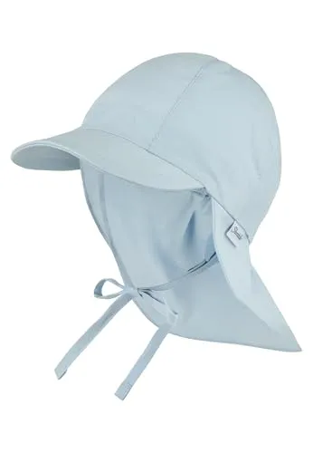Sterntaler Schirmmütze Nackenschutz einfarbig – Schirmmütze aus Bio-UV-Popeline mit Nackenschutz, einstülpbaren Ohrenklappen und Bindeband, UV-Schutz 50+ – Hellblau, Größe 49