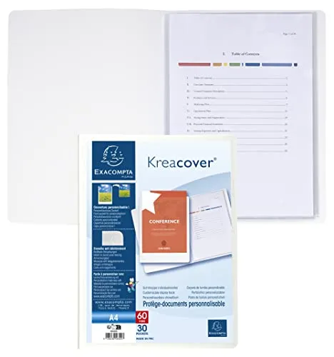 Exacompta 58309E Sichtmappe KreaCover Chromaline aus Kunststoff DIN A4 mit 30 Klarsichthüllen, 60 Sichten, Tasche am Vorderdeckel zum selbstgestalten, Aktenhülle, Prospekthülle, 1 Stück Zufallsfarbe