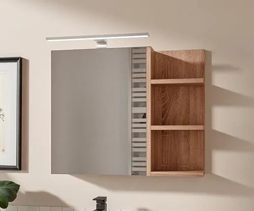 HAJDUK FURNITURE Eiche Sonoma Badezimmerschrank mit LED Beleuchtung, B:60 x H:50 cm Spiegelschrank Bad 1 Tür Hängeschrank Badezimmer Griffloser Öffnung Ablagen Rechts