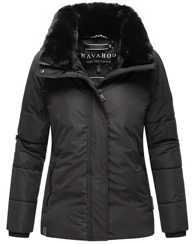 Navahoo Damen Winterjacke Frostii XIV Black mit abnehmbarem Kunstfellkragen - Funktionsjacke mit wasserabweisender Funktion und kuscheligem Fleece-Innenfutter, ideal für winterliche Spaziergänge oder den täglichen Weg zur Arbeit.