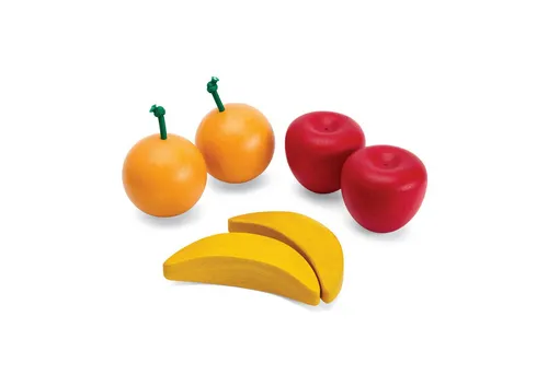 Plantoys Spiellebensmittel PlanToys - Obst & Gemüseset A (Apfel, Orange, Banane) - 18m+, (Set mit zwei Orangen, zwei Bananen und zwei Äpfeln, 6-tlg)