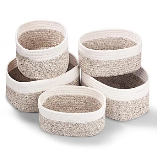 Otauoaea Baumwollseil Aufbewahrungskorb 5er Set, Korb Aufbewahrung Körbchen Wickeltisch Organizer,Storage Basket für Bad Badezimmer Kinderzimmer Wickeltisch,Weiß & Wüste