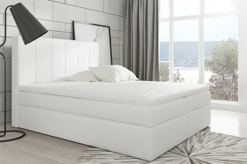 Boxspringbett MARIBEL 200x200cm Kunstleder Weiss - Elegantes Boxspringbett für Schlafzimmer mit 2 beidseitig aufklappbaren Bettkästen und hochwertigem Tonnentaschenfederkern für optimalen Schlafkomfort.