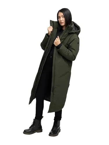 Navahoo Damen Mantel mit magnetischer Abdeckleiste und Rucksackträgern – Warme Winterjacke in Dark Olive, Gr. XL - Stylischer Oversize Wintermantel für maximale Wärme an kalten Tagen. Robustes Material schützt vor Wind und Nässe, ideal für den Wintereinsatz.