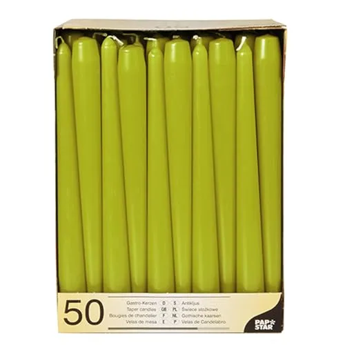 PAPSTAR Leuchterkerzen Ø 2,2 cm · 25 cm olivgrün - Hochwertige Kerzen in edlem Olivgrün, 7 Stunden Brenndauer, ideal für elegante Anlässe und stimmungsvolle Tischdekoration. Perfekt für Gastronomie und private Feiern.