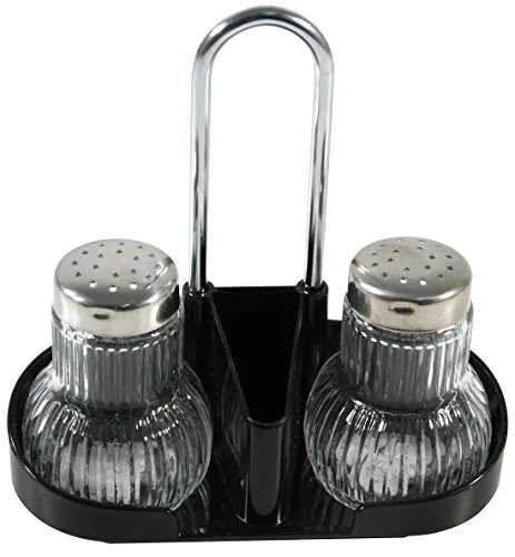FACKELMANN Griffmenage RUBIN, Gewürzständer mit Salz- und Pfefferstreuer und Zahnstocherbehälter (Farbe: Silber/Transparent/schwarz), Menage: 1 Stück, 47320