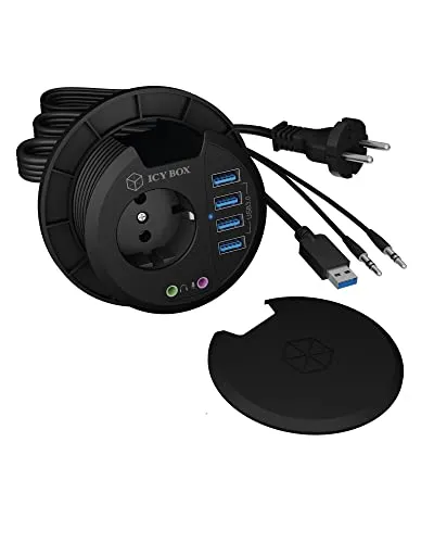 ICY IB-HUB1430 - USB 3.0 4-Port Tisch-Hub mit Steckdose - USB-Hub mit 4 Ports und 230 V Steckdose, ideal für aufgeräumte Schreibtische und schnelle Datenübertragungen von bis zu 5 Gbit/s.
