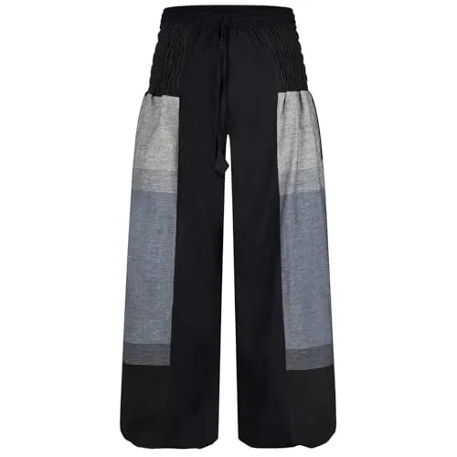 Kunst und Magie Damen orientalische Yoga Freizeit Haremshose, Größe:S/M, Farbe:Schwarz/Grau - Bequeme Haremshose aus 100% Baumwolle mit seitlich gesmoktem Bund. Ideal für Yoga, Freizeit oder Entspannung. Luftig und vielseitig, perfekt für warme Tage!