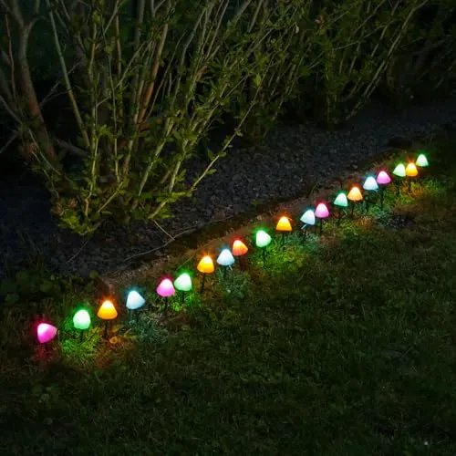 LED Lichterkette Mini Pilze 20 Gartenstecker mit Erdspießen bunte Deko Pilze Gartendeko 8 Modi mit Timer L: 3,8m (Bunt)