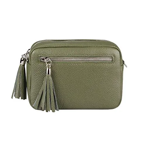 OBC Made in Italy Damen Leder Tasche Umhängetasche Schultertasche Beuteltasche Cross-Over Cross Bag Glattleder Schmucktasche Fransen Ledertasche (Olivgrün)