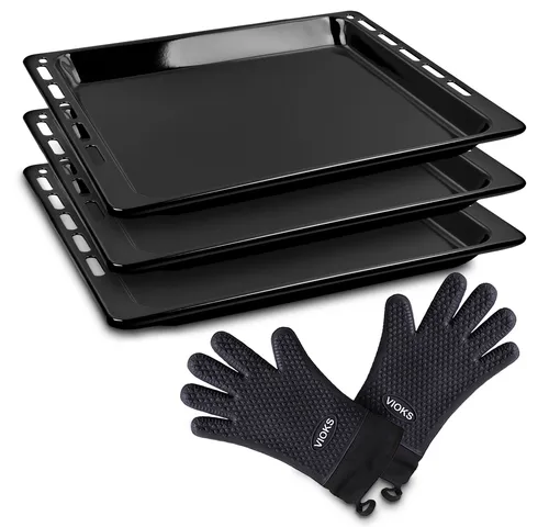 3x Backblech 445x375mm für Bauknecht & Whirlpool mit 2 Ofenhandschuhen - Backofen- & Herdteile, hochwertige Metall-Backbleche, ideal für gleichmäßiges Backen und inklusive 2 praktischen Ofenhandschuhen für sicheren Umgang.