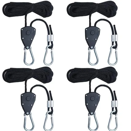 Dazhtu 4 Stück Verstellbarer Seil Ratsche, 1/8 Zoll Einstellbare Seilratsche mit Haken Seilaufhänger Seilzugratsche Ratchet Hanger für Grow Light Armaturen Pflanzenlampe Gartenarbeit Zimmerpflanzen