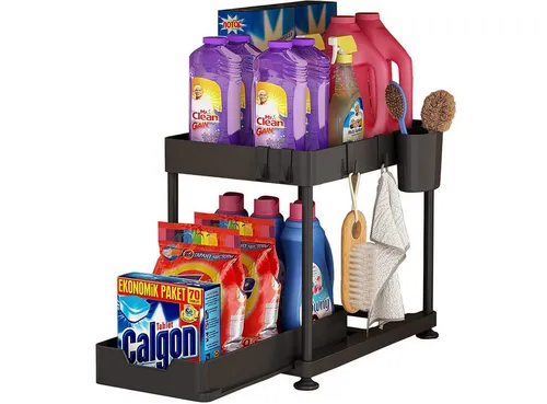SURFOU Ablageregal Arbeitsplatte Badezimmer Schubladen Küchen Organizer Regal, Multifunktionales Spülschrankregal mit Schublade, 4 Haken und 1 Tassen, Unter Waschbecken Regal Spülschrank Organizer, 2 Etagen Standregal Küche Arbeitsplatte Regal Organizer, Mehrfunktional Küchenregal, Gewürzregal, Unterschrankregal