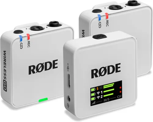 Rode Wireless GO Gen 3 Weiß - Kompaktes Mikrofonset - Mikrofone mit integrierten Mikrofonen und praktischer Ladestation für schnelle Aufladung. Ideal für Videografen und Content Maker, für klaren Klang beim Filmen.
