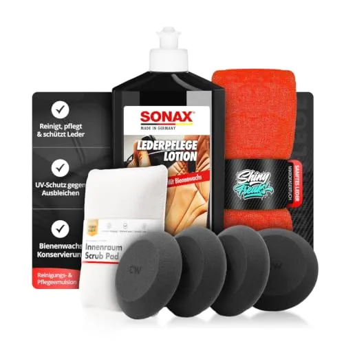 Shiny Freaks Lederpflege Set: SONAX LederPflegeLotion (500ml) + 4 Applikatoren + Scrub Pad + Mikrofasertuch 40×40 | gleichmäßiger Auftrag, saubere Nacharbeit und gepflegtes Finish | 7-teilig