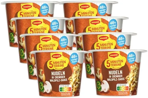 MAGGI 5 Minuten Terrine Nudeln in Waldpilzrahmsauce, leckeres Fertiggericht, Instant-Nudeln, mit Pilzen, 8er Pack (8 x 56g)
