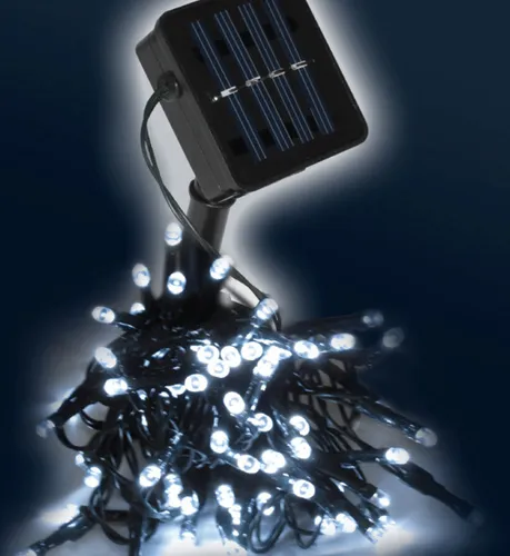 LEX 100er Solar LED-Lichterkette kaltweiß 10m - Dekorative LED Solar Lichterkette mit 100 kaltweißen LEDs und Blinkfunktion. Ideal für Balkon und Garten, benötigt keine externe Stromquelle und lädt sich tagsüber auf.