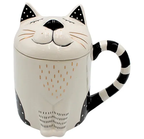 Dekohelden24 Katze Kaffeebecher mit Deckel - Thermobehälter in Katzenoptik, aus hochwertiger Keramik, ideal für Teeliebhaber und Katzenfans. Perfekt für drinnen und draußen!
