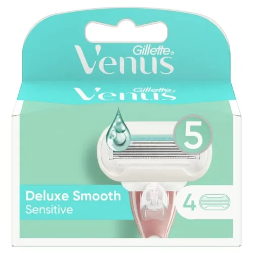Produktbild Gillette Venus Deluxe Smooth Sensitive Ersatzklingen für Damenrasiermaschine, 4 Stück, Maschinensets mit 5 Klingen und Skinelixir Feuchtigkeitsband