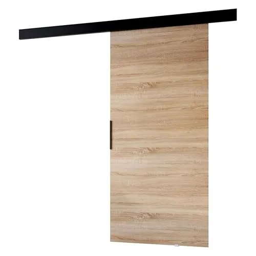 MINIO go for it - Schiebetür PRIM A, Zimmertür 106 cm, Schiebetürsystem, Lacobel, Wandmontage, schwarzer Griff, Farbe: Sonoma Eiche/Schwarz