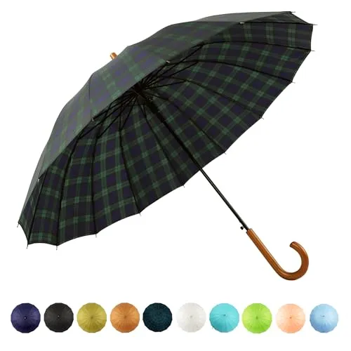 SoulRain 16 Rippen 121,9 cm Stockschirm, automatisches Öffnen, einfarbig, modisch und einfach, bogenförmiger klassischer Holzgriff, winddicht, unzerbrechlich, Regenschirm (Gitter Navy)