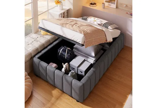 Flieks Polsterbett 90x200cm, hydraulisches Stauraumbett ohne Kopfteil - Praktisches Stauraumbett für Kinder, Größe 201x91x32cm, ideal für Matratzen bis 20cm. Hohe Belastbarkeit von 226kg, perfekt für platzsparendes Wohnen.