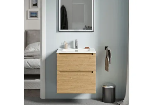 Bernstein Waschbeckenunterschrank VIREO Eiche honiggold 60cm - Praktischer Waschtischunterschrank mit 2 Schubladen und elegantem Keramik-Waschbecken. Ideal für stilvolle Badezimmergestaltung und optimale Raumnutzung.