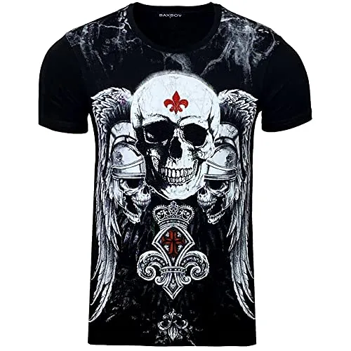 Herren Rundhals T-Shirt mit Motiv Kurzarm Slim Fit Design Fashion Top Print Shirt, Farbe:2308_Schwarz, Größe:M
