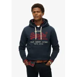 Superdry Herren Vintage Logo Hoodie – Trench Marineblau Meliert - Kapuzenpullover für Herren mit lässiger Passform und luxuriösem, leicht angerautem Futter. Ideal für den Vintage-Look mit großer Grafik auf der Brust und praktischer Außentasche.