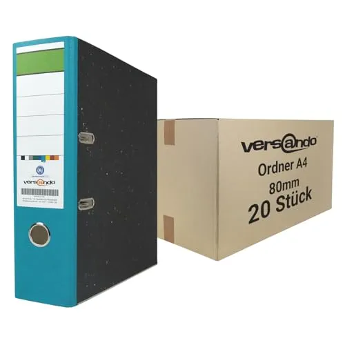 versando 20x breiter Premium Ordner DIN A4 Rücken 8cm Aktenordner Ringordner - Blauer Engel zertifiziert - türkis (1 Karton)