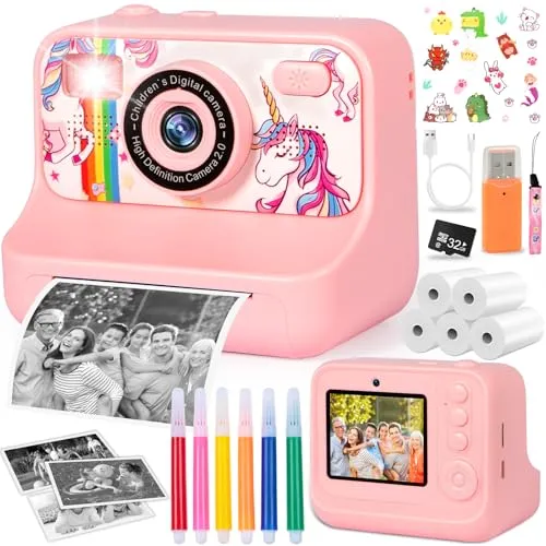 ZZXLOPEZ Sofortbildkamera Kinder, 1080P HD Sofortdruck von Fotos, 2,4 Zoll Bildschirm Kinderkamera Sofortbildkamera mit 32G Karte, Druckpapier & Farbigen Stiften, Geschenk für Kinders 3-12 Jahren