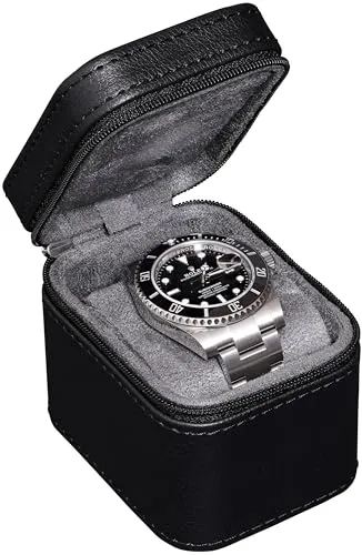 ROTHWELL Reiseetui für Einzeluhren, kompakte PU-Leder-Schutzhülle mit Mikrovelours-Innenseite, passend für Uhren und Smartwatches bis 55 mm (Schwarz/Grau)