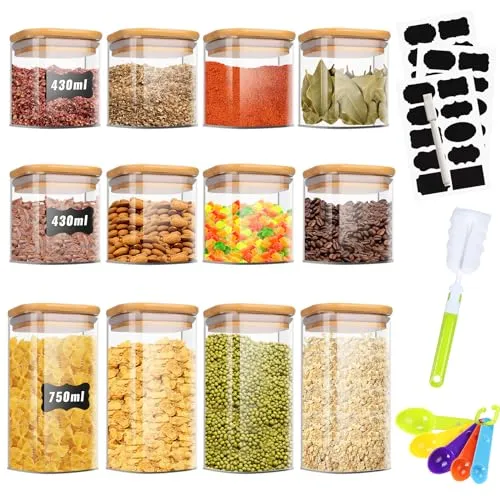 TAVADA Vorratsdosen Glas 12er Set,750ml/430ml Vorratsgläser mit Deckel Eckig,Glasbehälter mit Deckel für luftdichten Verschluss,Aufbewahrungsgläser Küche für Cornflakes,Müsli,Bohnen