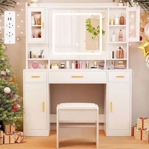 Großer Schminktisch mit Spiegel und Beleuchtung Weiß 150x100cm
